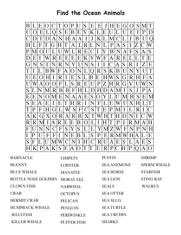 ocean animals images. Ocean Animal Word Search