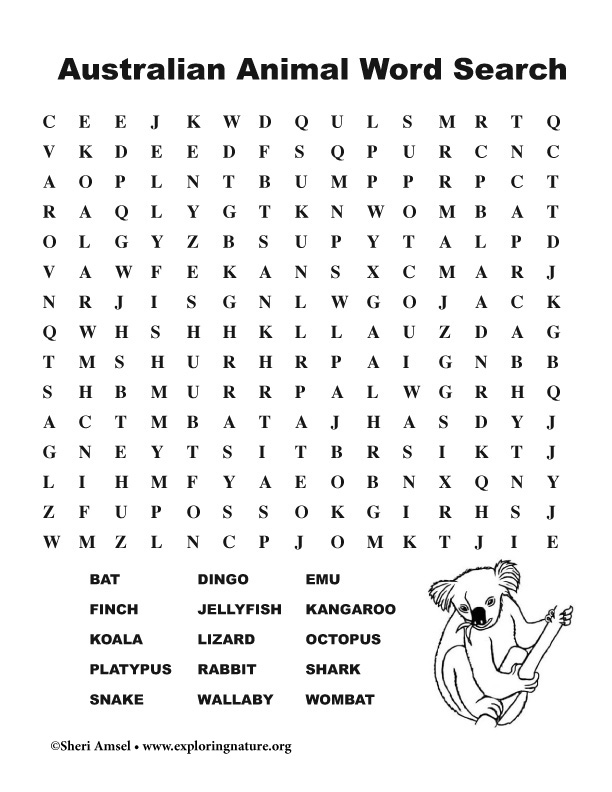 Australian Animal Word Search Free Printable