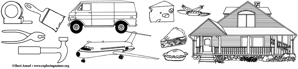 Tools, Vehicles, Food, Buildings Coloring Pages
