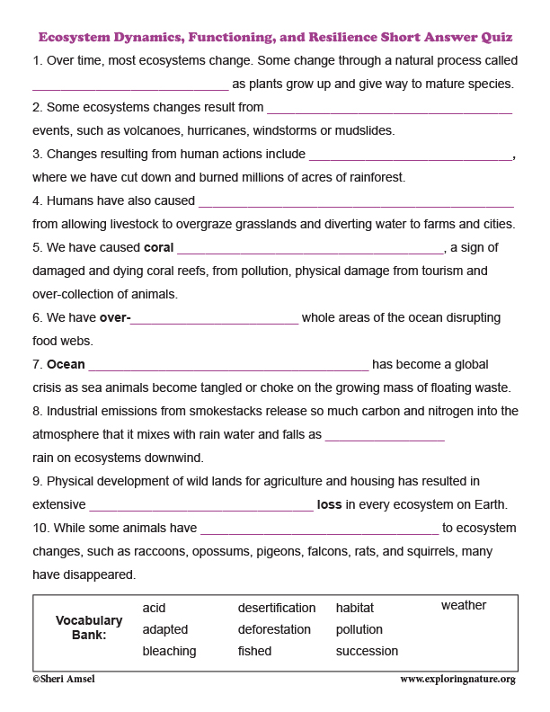 Ecosystem Dynamics, Functioning, and Resilience Short Answer Quiz Ecosystem Dynamics, Functioning, and Resilience Short Answer Quiz