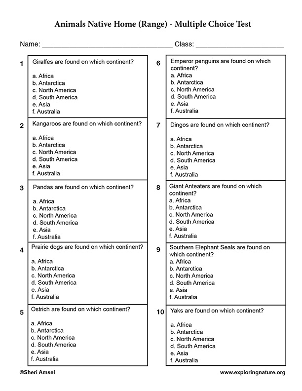 Animals Native Home (Range) - Multiple Choice Test Animals Native Home (Range) - Multiple Choice Test