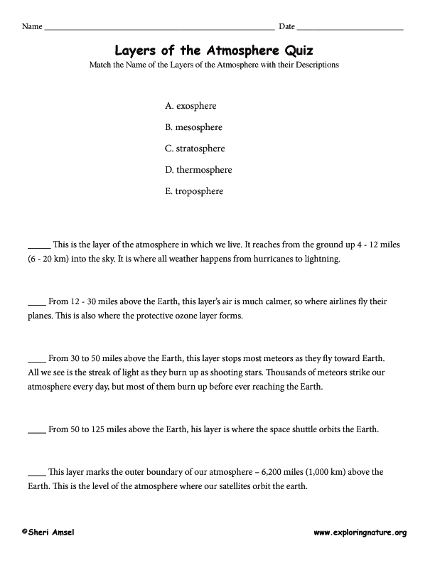 Layers of the Atmosphere - Matching Quiz