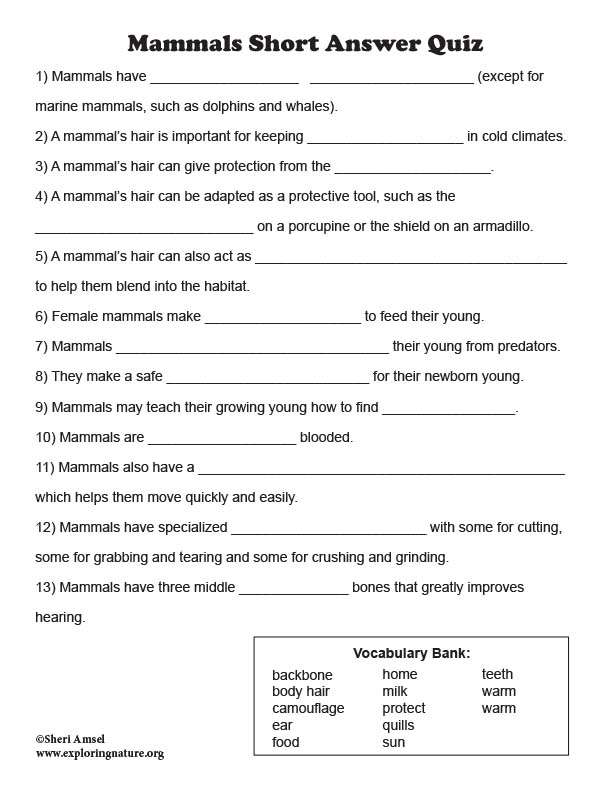 Mammals Short Answer Quiz
