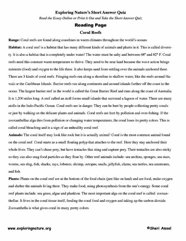 Coral Reefs - Read and React (Short Answer)
