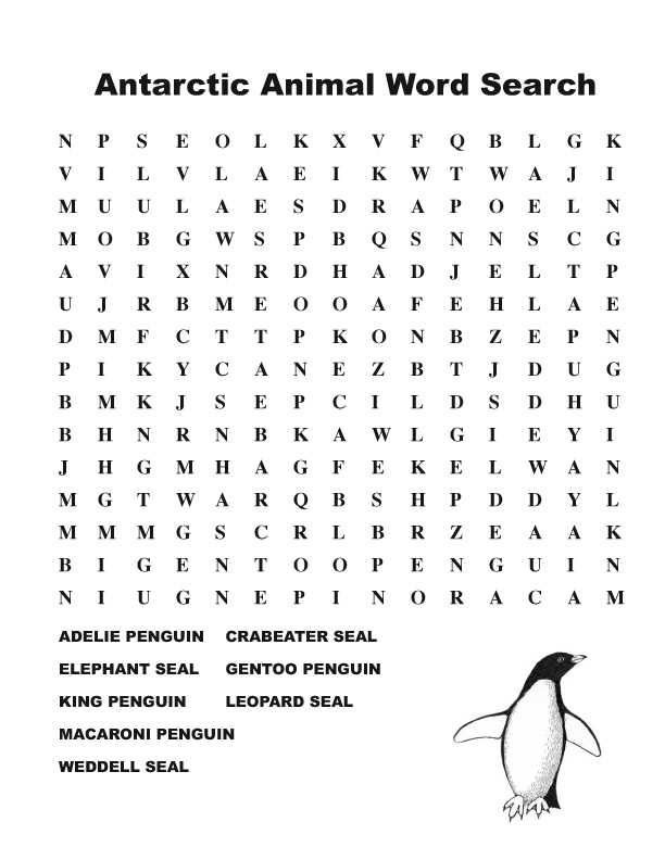 animal research worksheet kindergarten Antarctic (Middle) Animal Search Word